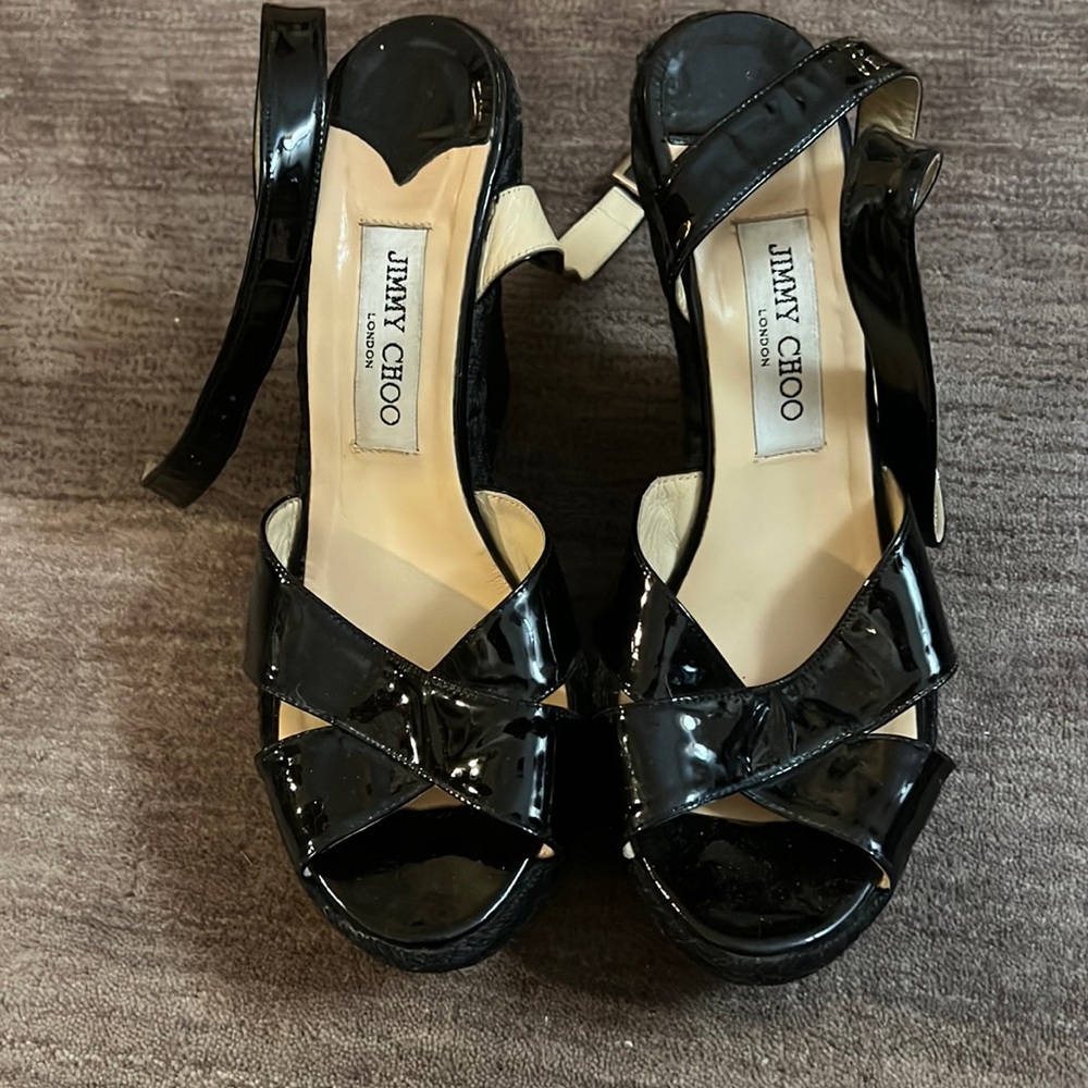 Jimmy Choo black strappy patent wedges sue 40 great condition